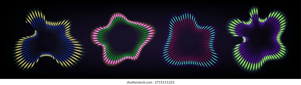 Efecto ondulatorio de ondas sonoras con líneas circulares concéntricas que irradian hacia afuera. Rayos de gradiente de neón en patrón de señal dinámica con geometría radial vibrante. Diseño moderno de audio, música o altavoces de Vector.