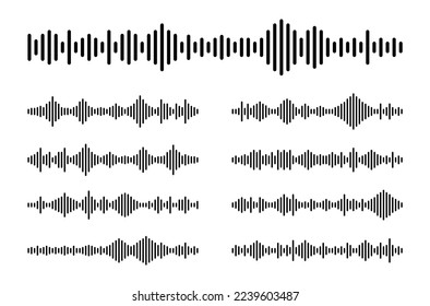 Sound wave set. Audio waves for voice messages. Sound waves for voice assistant and social media chat. Voice recognition frequency. Vector illustration.