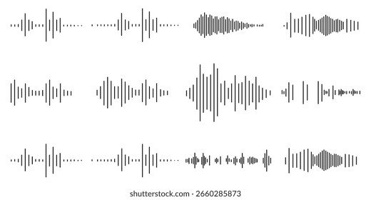 Conjunto de ondas de som, Ondas de som preto e frequências de áudio, Conjunto de ícones de ondas de rádio, Ícone de onda de som conjunto de contorno de linha fina