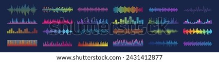 Sound wave set. Soundwave amplitude sonic beat pulse voice visualization. Sound waves, Equalizer, Audio waves, Radio signal, Music