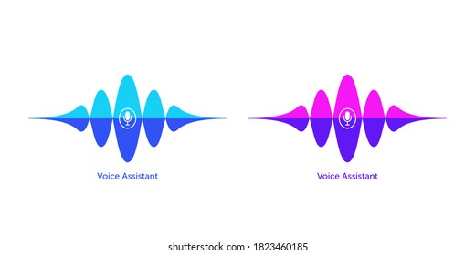 Sound wave shape with microphone for virtual voice assistant. Abstract audio wave, voice search and control, acoustic waveform. Vector element for voice command in mobile interface