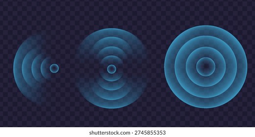 Sound wave. Signal concentric circle. Round light effect. Wifi range. Radio station signal. Water ripple with circle waves. A place or a painful point. Radar screen. Vector effect.