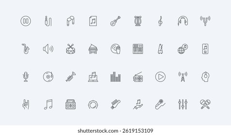 Sound wave and speakers, radio and headphone, microphone thin black outline symbol vector illustration. Audio, music and voice record and play back equipment, musical instruments line icon set