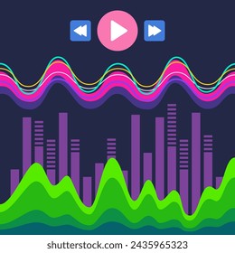 Espectro de ondas sonoras, ecualizador de música y botones de reproducción. Ilustración vectorial de colores brillantes. Concepto musical