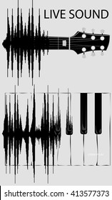 Sound wave transformation in keyboard of piano and fretboard guitar. Sound wave evolution. Born of Sound Wave. Concept background. 
