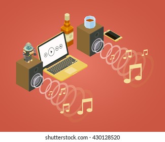 Sound Wave From The Two Speakers, Note Icons, And Laptop. 3D Isometric Vector Concept Illustration