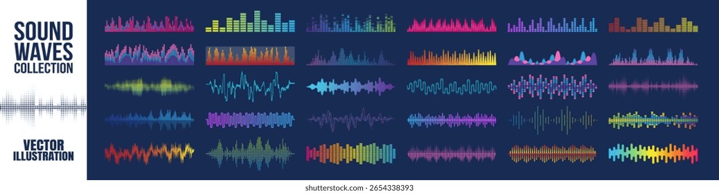Sound wave vector collection, colorful music equalizer spectrum, audio frequency waveform design elements, abstract digital pulse and radio signal illustration