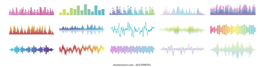 Coleção de vetores de onda de som, espectro de equalizador de música colorida, elementos de design de forma de onda de frequência de áudio, pulso digital abstrato e ilustração de sinal de rádio em fundo transparente.