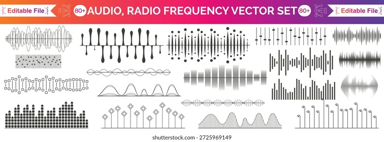 Colección de Vector de onda de sonido, espectro de ecualizador de música de colores, Elementos de diseño de forma de onda de frecuencia de audio, pulso digital abstracto e ilustración de señal de radio sobre fondo transparente.