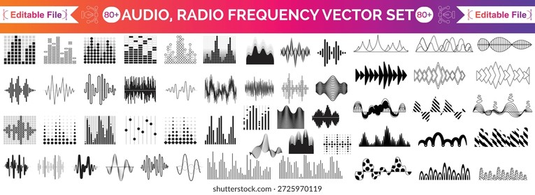 Sound wave vector collection, colorful music equalizer spectrum, audio frequency waveform design elements, abstract digital pulse and radio signal illustration