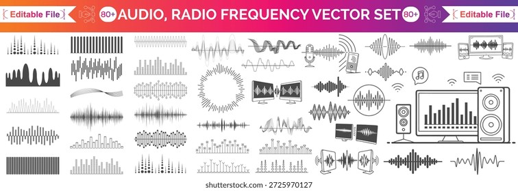 Colección de Vector de onda de sonido, espectro de ecualizador de música de colores, Elementos de diseño de forma de onda de frecuencia de audio, pulso digital abstracto e ilustración de señal de radio