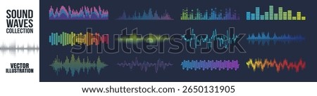Sound wave vector collection, colorful music equalizer spectrum, audio frequency waveform design elements, abstract digital pulse and radio signal illustration