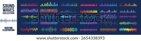 Sound wave vector collection, colorful music equalizer spectrum, audio frequency waveform design elements, abstract digital pulse and radio signal illustration