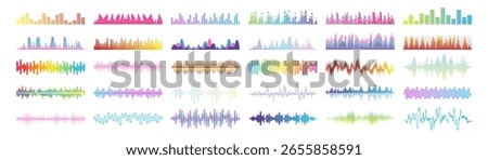 Sound wave vector collection, colorful music equalizer spectrum, audio frequency waveform design elements, abstract digital pulse and radio signal illustration on transparent background.