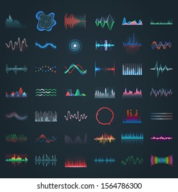 Sound wave, vector different shape icons, music audio equalizer and frequency patterns. Abstract music sound waves, spiral, radial and linear beat volume with led light and spectrum graphic