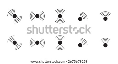 Sound wave vector icons. Circle radar or sonic sonar signals, pulses. Speaker with noise energy in air graphic. Round radio frequency. Abstract radial vibration symbol on white background. Loud scan.