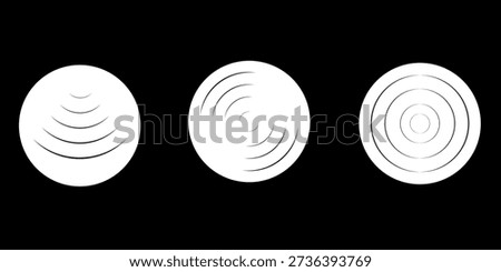 Sound wave vector icons. Circle radar or sonic sonar signals, pulses. Speaker with noise energy in air graphic. Round radio frequency. Abstract radial vibration symbol on white background. Loud scan.