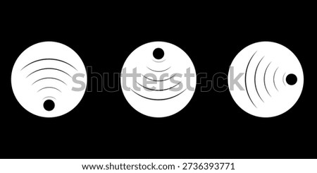 Sound wave vector icons. Circle radar or sonic sonar signals, pulses. Speaker with noise energy in air graphic. Round radio frequency. Abstract radial vibration symbol on white background. Loud scan.