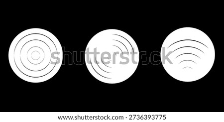 Sound wave vector icons. Circle radar or sonic sonar signals, pulses. Speaker with noise energy in air graphic. Round radio frequency. Abstract radial vibration symbol on white background. Loud scan.