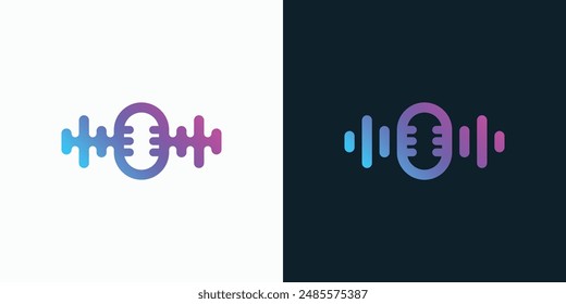 Sound wave vector logo design with a microphone in the middle in a modern, simple, clean and abstract style.