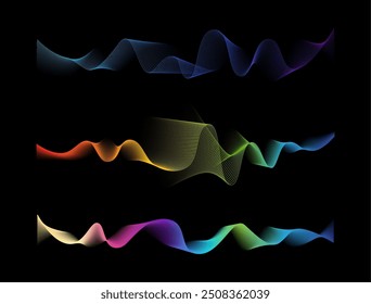 Visualización de ondas de sonido con coloridas líneas y curvas en 3D. Conjunto aislado de Vector de formas de onda sólidas, patrones de muestra de voz. Abstractas forma líquida mínima. Fondo fluido o pulso con Gradientes