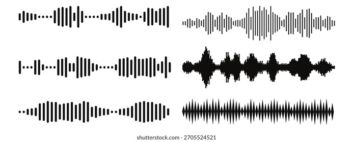 
Visualización de ondas de sonido, Conjunto de ondas de sonido de podcast. mensaje de voz, grabación de audio de podcast. Onda sonora del reproductor de audio de Vector