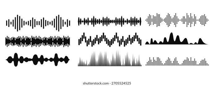 
Visualización de ondas de sonido, Conjunto de ondas de sonido de podcast. mensaje de voz, grabación de audio de podcast. Onda sonora del reproductor de audio de Vector