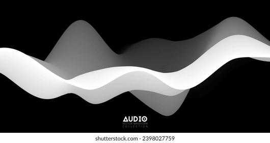 Sound wave visualiztion. 3D black and white solid waveform. Voice sample pattern.