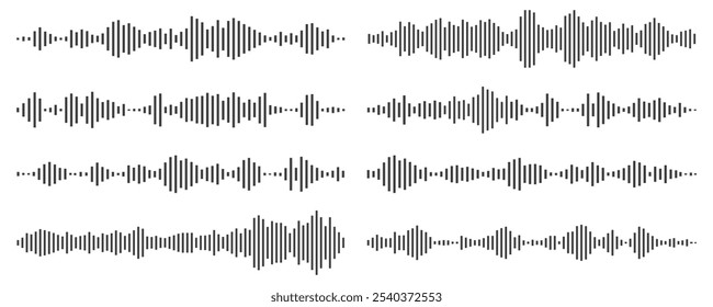 Sound wave or voice message waveform. Podcast, media record, radio signal. Decibel audio record icon isolated on white background. Equalizer line