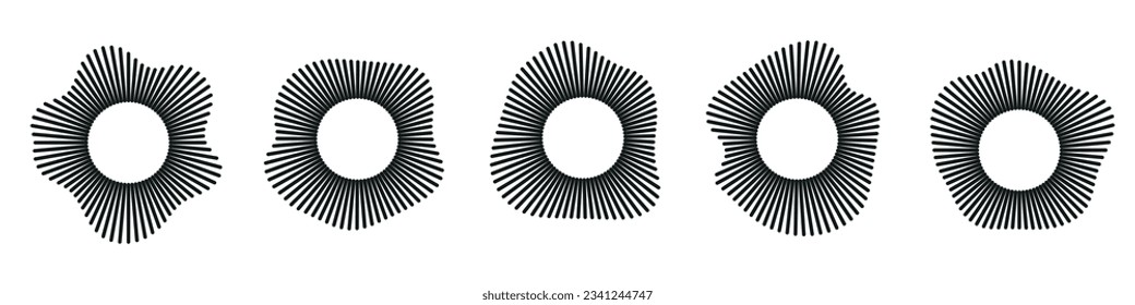 Sonido en formas de onda, diseños circulares, círculos de música de audio, voces redondas en iconos, logotipos para ecualizadores, espectro radial, patrones en forma de anillo. Ilustraciones vectoriales planas aisladas en fondo blanco