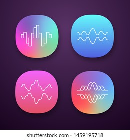 Sound waves app icons set. Audio, music, radio signal waves. Vibration, synergy, motion lines. Digital curve soundwaves. UI/UX user interface. Web or mobile applications. Vector isolated illustrations