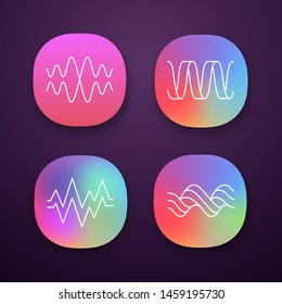 Sound waves app icons set. Audio waves. Music frequency. Voice line, overlapping soundwaves. Abstract digital waveform. UI/UX user interface. Web or mobile applications. Vector isolated illustrations