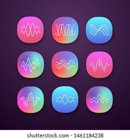 Sound waves app icons set. Music rhythm, heart pulse. Audio waves, sound recording and radio signals. Digital waveforms. UI/UX user interface. Web or mobile applications. Vector isolated illustrations