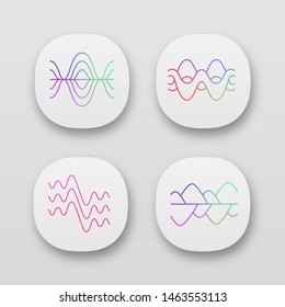 Sound waves app icons set. UI/UX user interface. Vibration, noise amplitude. Soundwaves, digital waveform. Audio, music rhythm frequency. Web or mobile applications. Vector isolated illustrations