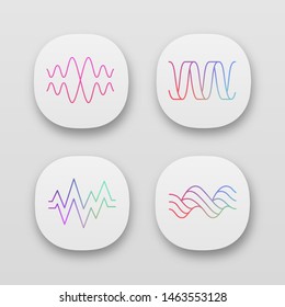 Sound waves app icons set. UI/UX user interface. Audio waves. Music frequency. Voice line, overlapping soundwaves. Heart rhythm, beat, pulse. Web or mobile applications. Vector isolated illustrations