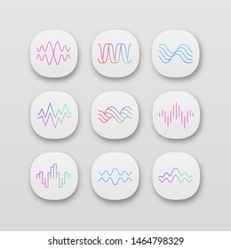Sound waves app icons set. UI/UX user interface. Music rhythm, heart pulse. Audio waves logotype. Digital waveforms, abstract soundwaves. Web or mobile applications. Vector isolated illustrations