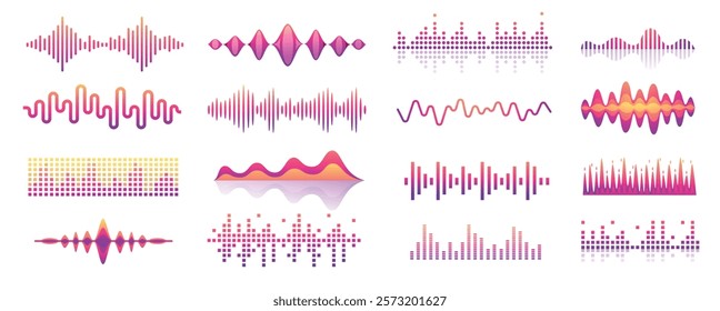 Sound waves. Audio music rhythm wave pulse, voice signal level bar, song waveform graphic icons. Vector volume noise beat waveforms isolated set.