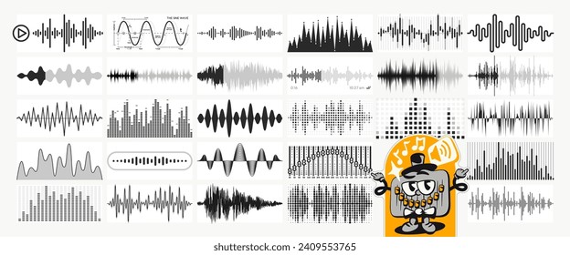 Sound waves. Audio waveform shapes, digital soundwave and music equalizer. Voice sound visualization vector set 
