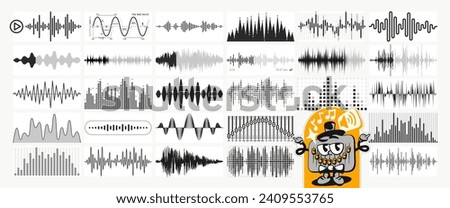 Sound waves. Audio waveform shapes, digital soundwave and music equalizer. Voice sound visualization vector set 