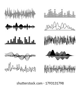 Sound Waves Black Thin Line Icon Set Music Radio Frequency. Vector illustration of Different Soundwave Icons