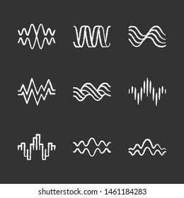 Sound waves chalk icons set. Music rhythm, heart pulse. Audio waves, sound recording, radio signals logotype. Digital waveforms, abstract soundwaves, amplitude. Isolated vector chalkboard illustration