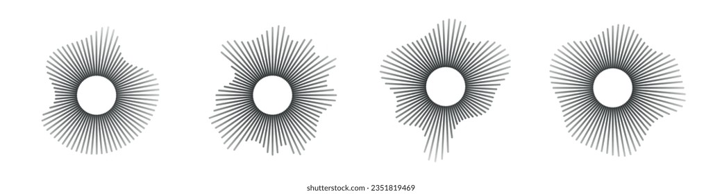 Sound waves in circular forms, linked with audio music, round voice icons, logos for equalizers, radial spectrums, rings in patterns. Flat vector illustrations isolated on white background.