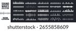 Sound waves collection, abstract music wave and radio signal frequency, digital voice visualization, audio equalizer and recording, monochrome soundwave icons vector set