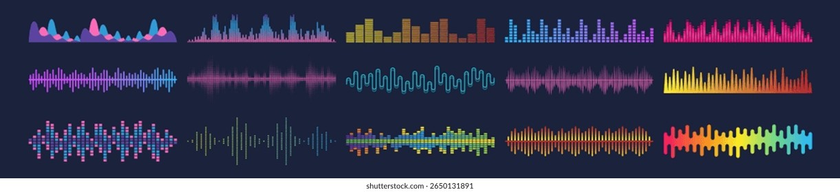 Sound waves collection, abstract music wave and radio signal frequency, digital voice visualization, audio equalizer and recording, monochrome soundwave icons vector set on transparent background.