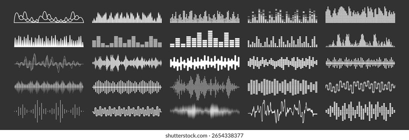Sound waves collection, abstract music wave and radio signal frequency, digital voice visualization, audio equalizer and recording, monochrome soundwave icons vector