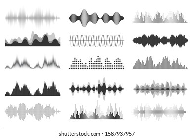 Sound Waves Collection. Analog And Digital Audio Signal. Music Equalizer. Interference Voice Recording. High Frequency Radio Wave. Vector Illustration.