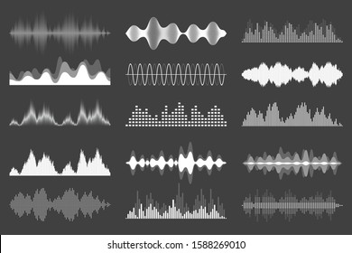 Sound waves collection. Analog and digital audio signal. Music equalizer. Interference voice recording. High frequency radio wave. Vector illustration.