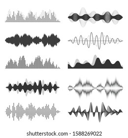 Sound Waves Collection. Analog And Digital Audio Signal. Music Equalizer. Interference Voice Recording. High Frequency Radio Wave. Vector Illustration.