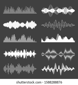 Sound waves collection. Analog and digital audio signal. Music equalizer. Interference voice recording. High frequency radio wave. Vector illustration.