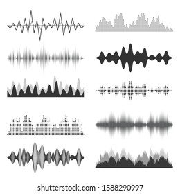 Sound Waves Collection. Analog And Digital Audio Signal. Music Equalizer. Interference Voice Recording. High Frequency Radio Wave. Vector Illustration.